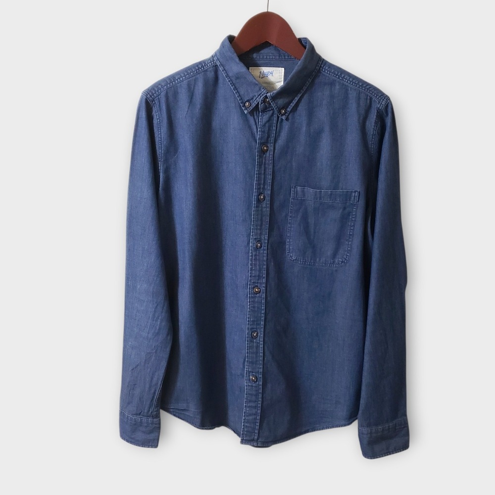 Mugsy Mens Small Blue Button Down Denim Shirt CH1DW Cotton Spandex Stretch